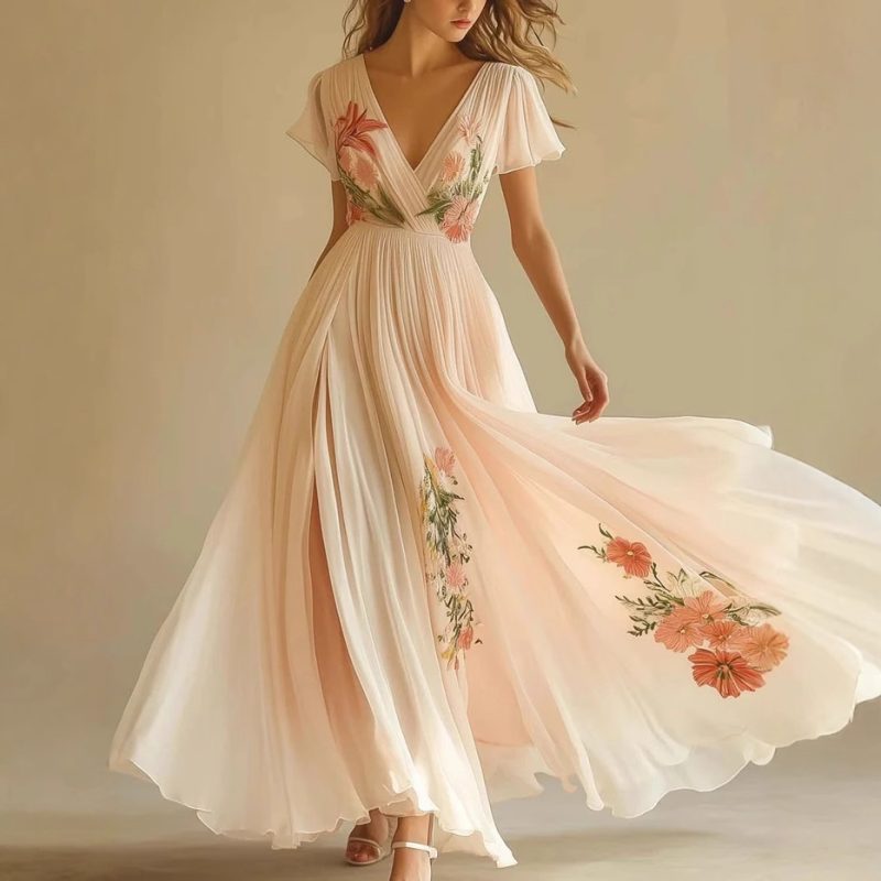 Women's Long V-neck Short-sleeved Dress