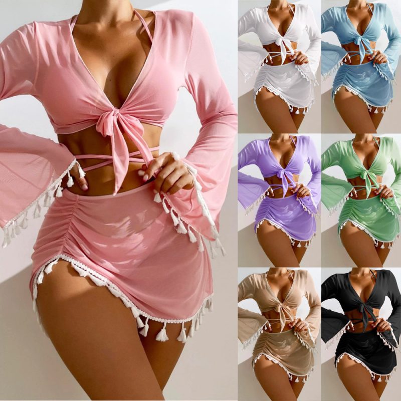 Bow Tie Solid Color Short Skirt Bikini