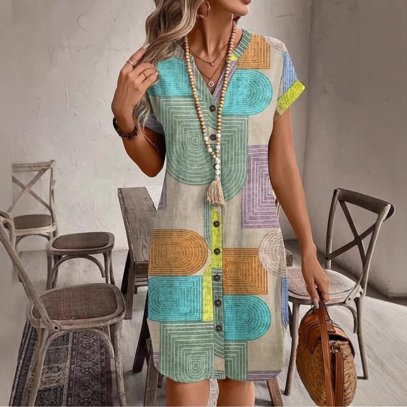 Elegant V-neck Button Dress