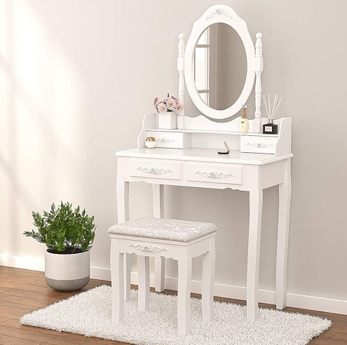 Oval Vanity Table Drawer Set With Cushioned Stool