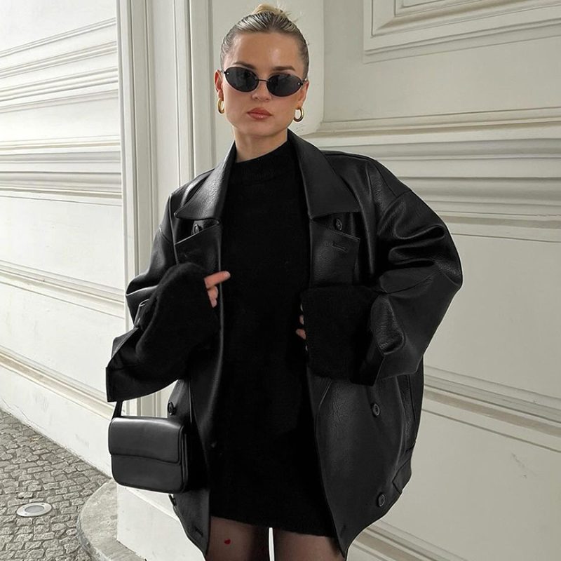 Elegant Suit Collar Loose Leather Coat - Image 3