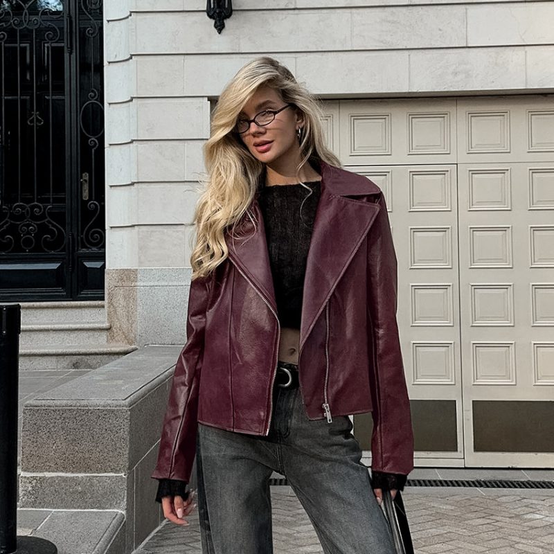 Wine Red Faux Leather Jacket - Image 4
