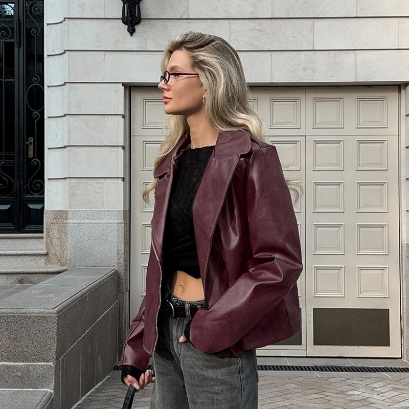 Wine Red Faux Leather Jacket - Image 2
