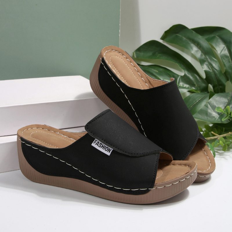Stylish Peep Toe Wedge Slippers - Image 8