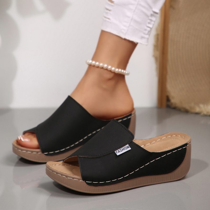 Stylish Peep Toe Wedge Slippers - Image 5