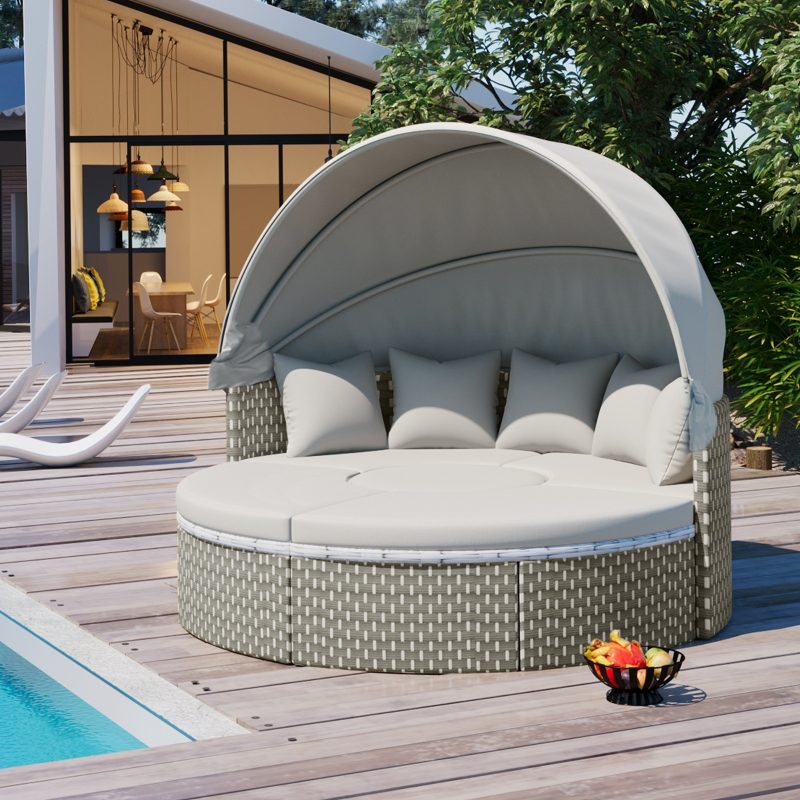 Round Outdoor Rattan Weave Sunbed With Ret