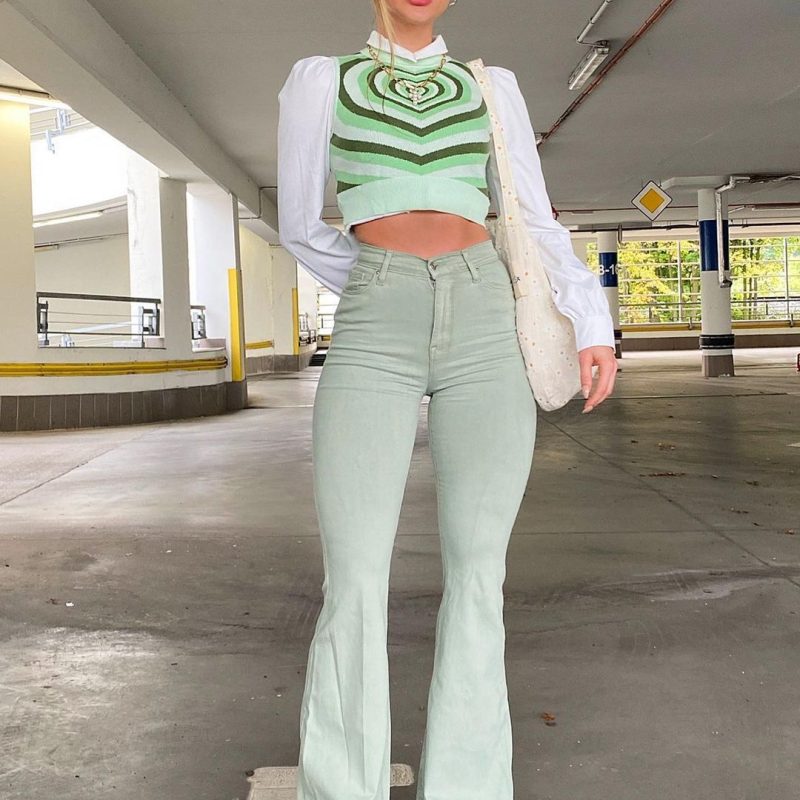 Green Flared Slim Trousers