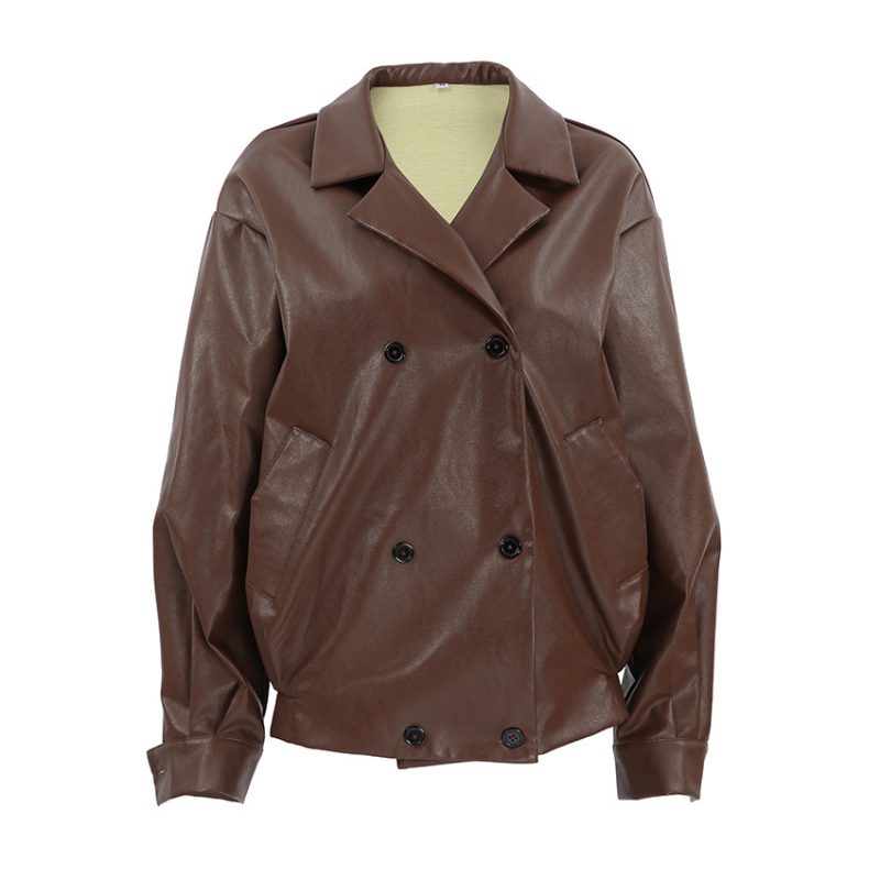 Elegant Suit Collar Loose Leather Coat - Image 2