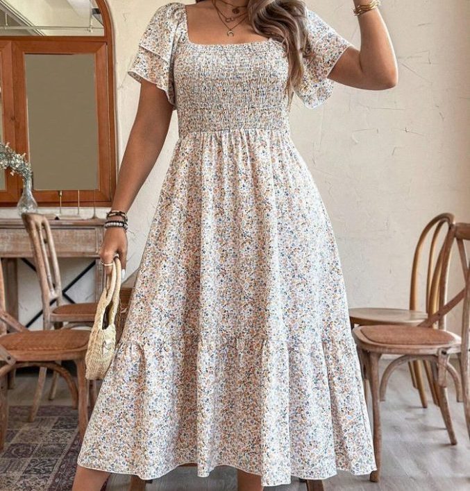 Plus Size Elegant Pleated Printed Dress