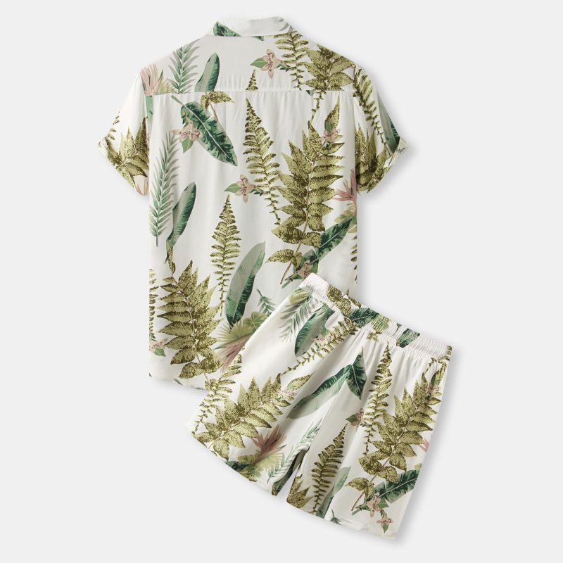 Casual Print Leaves Men's Youth Shorts Suit - Image 3