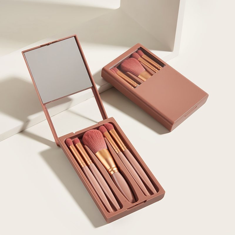 5 PCs Travel Makeup Brushes With Mirror Set - Image 3