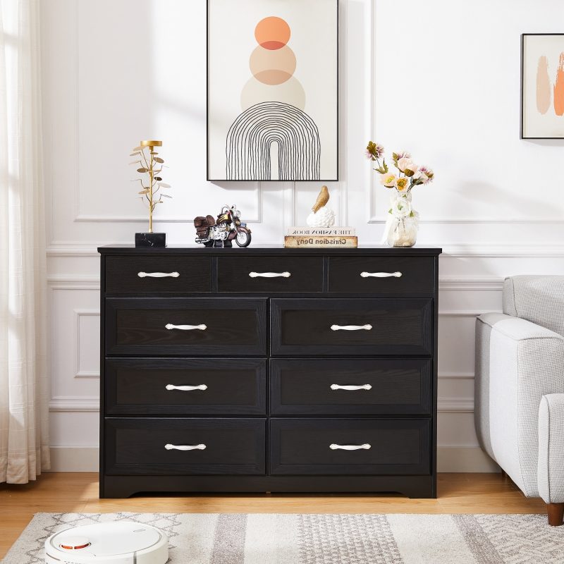 9 Drawer Long Wood Dresser With Antique Handles - Image 8