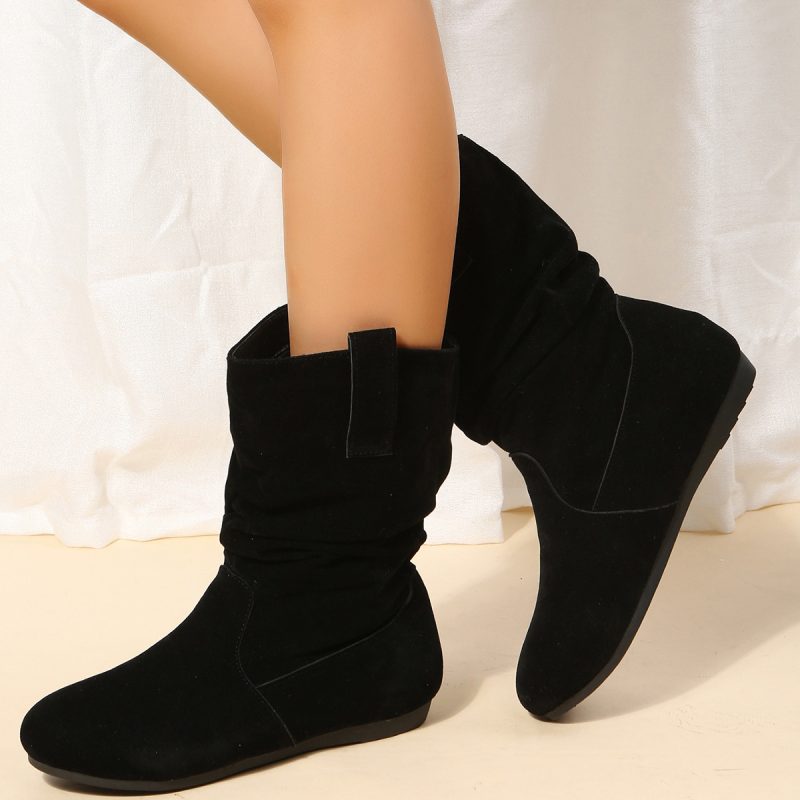 Solid Color Suede Round Toe Flat Boot - Image 6