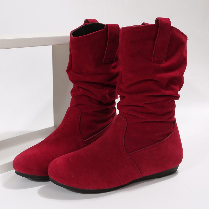 Solid Color Suede Round Toe Flat Boot - Image 9