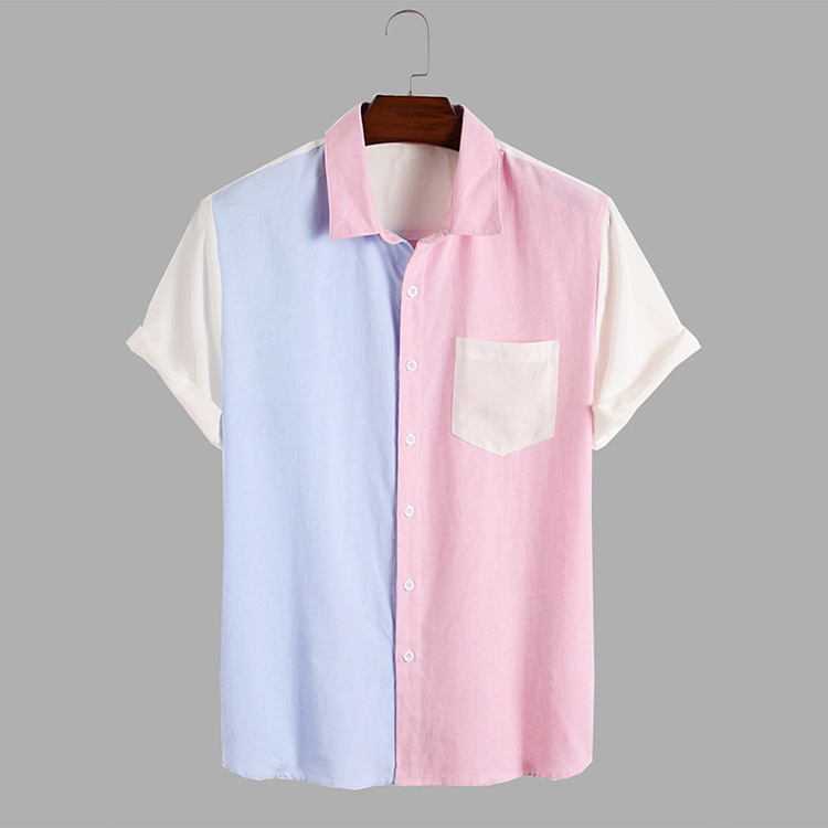 Short Sleeve Colorblock Lapel Men's Shirt