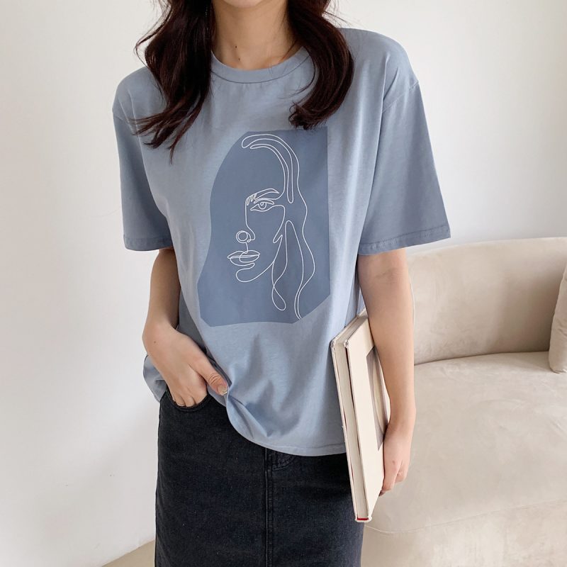 Abstract Character Printing Women Cotton Tops