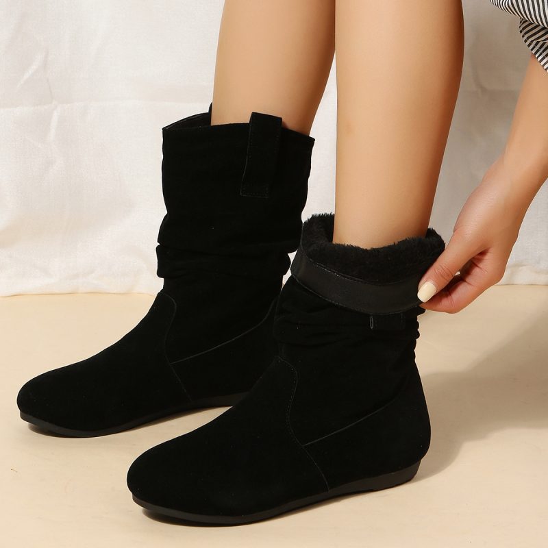 Solid Color Suede Round Toe Flat Boot - Image 5