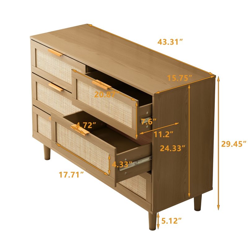 Rattan Wood 6 Drawers Bedroom Dresser - Image 2