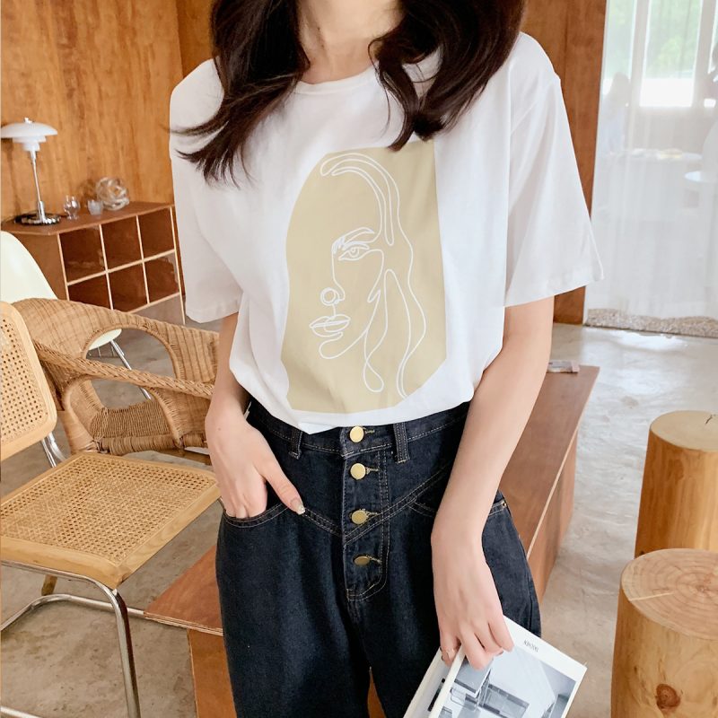 Abstract Character Printing Women Cotton Tops - Image 2