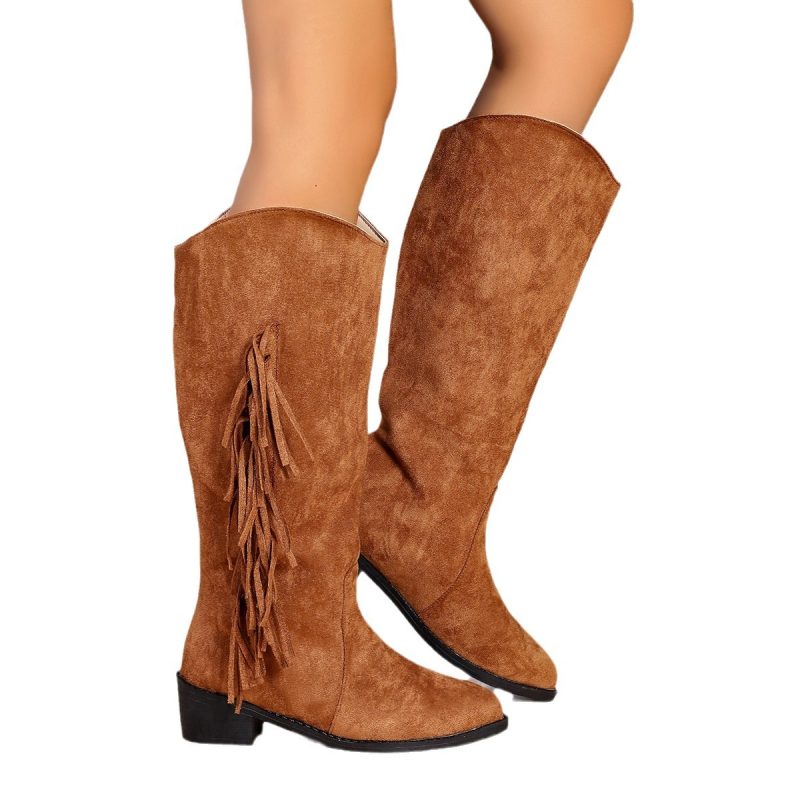 Long Chunky Heel Suede Retro Tassel Boots - Image 6