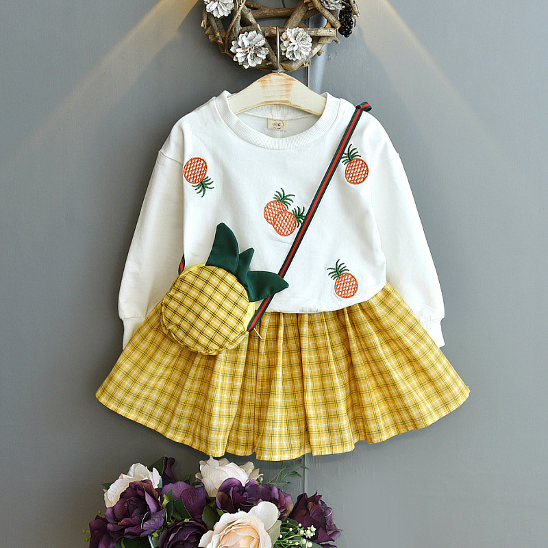 Embroidered Sweater & Plaid Skirt Suit