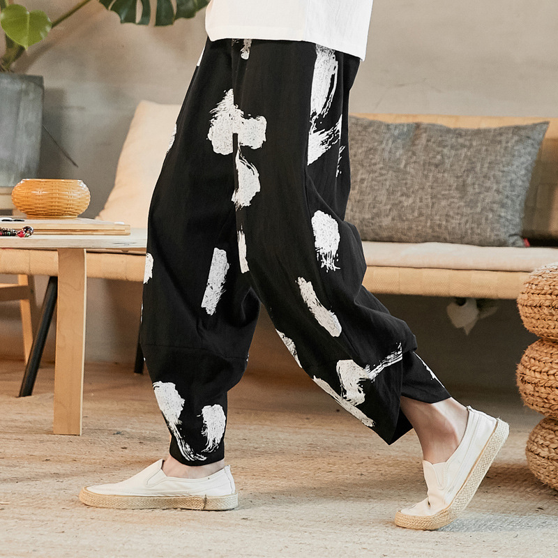 Cotton And Linen Printed Cropped Trousers