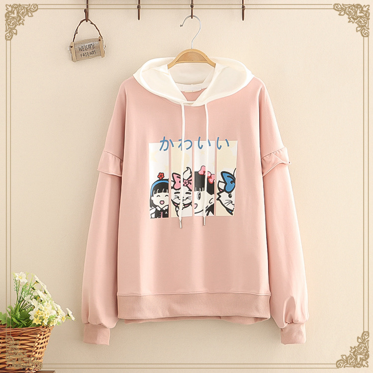 Casual Cotton Hooded Ruffles Patchwork Top