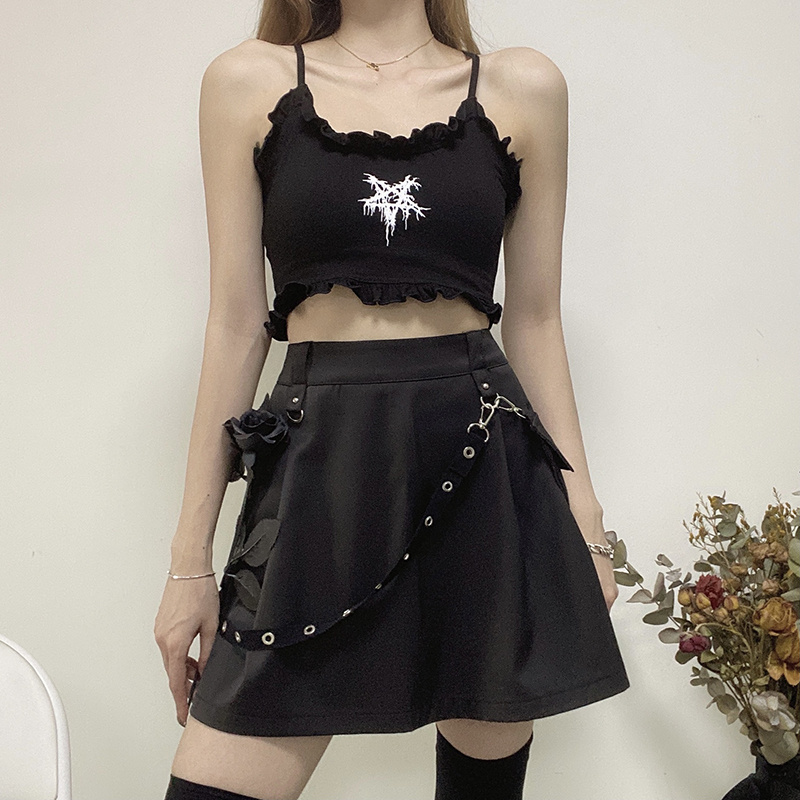 Women Gothic Punk Black Pockets Zipper Pleated Skirt