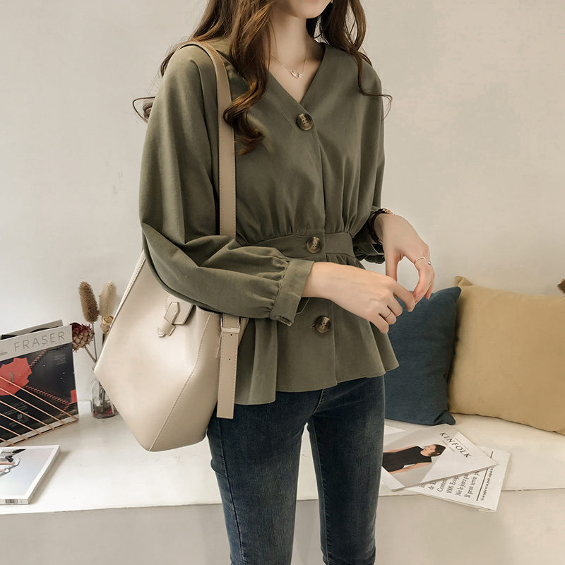V-Neck Long-Sleeved Cotton And Linen Blouse Shirt