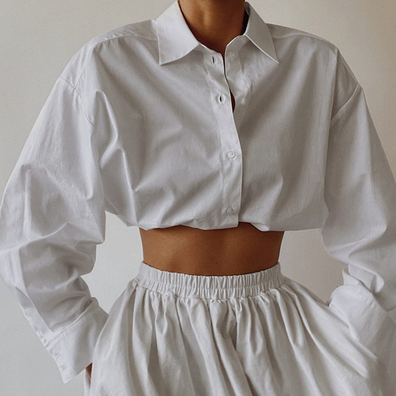 Women White Lapel Long-Sleeved Shirt - Image 2
