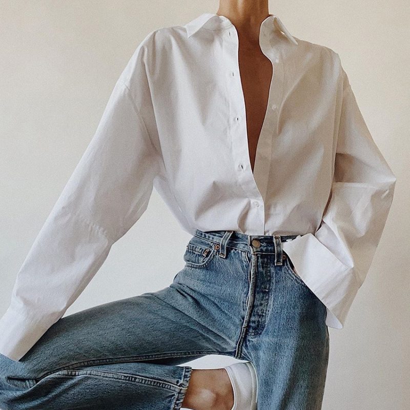 Women White Lapel Long-Sleeved Shirt - Image 3