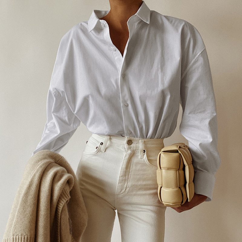 Women White Lapel Long-Sleeved Shirt
