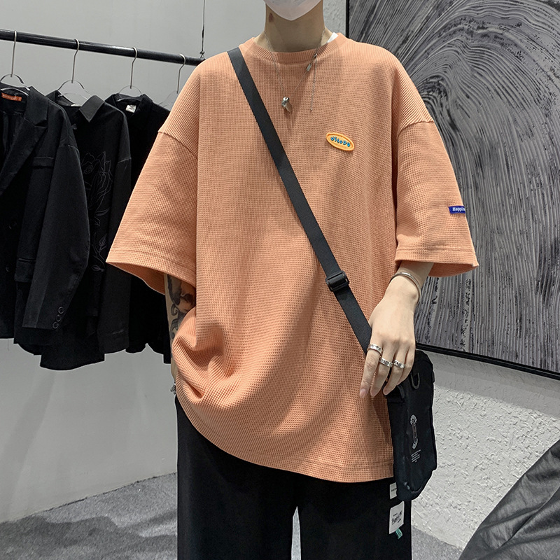 Casual Men's Loose Neck Street Waffle T-shirt