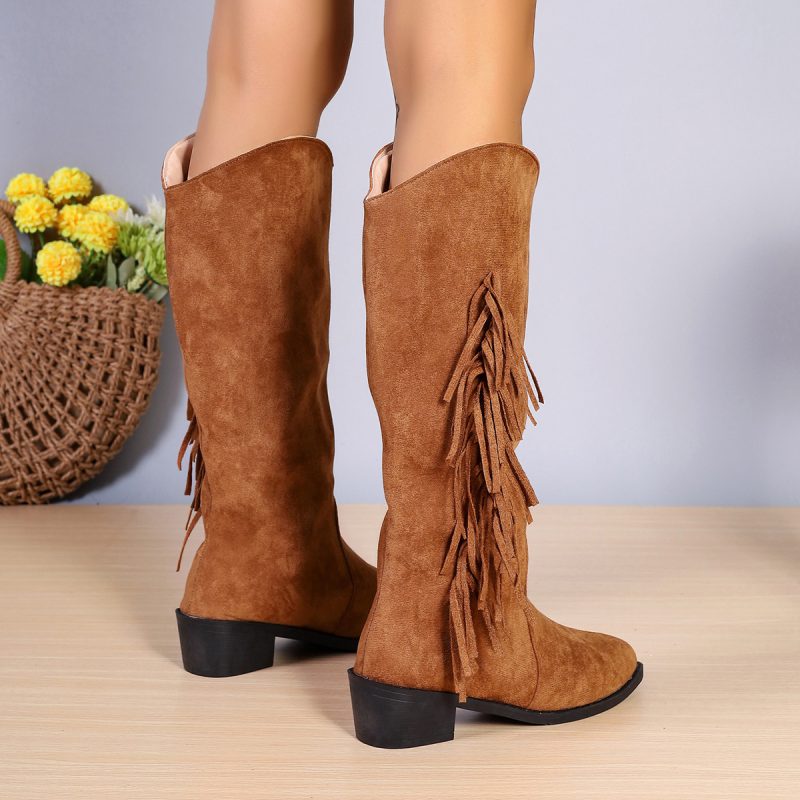 Long Chunky Heel Suede Retro Tassel Boots - Image 3