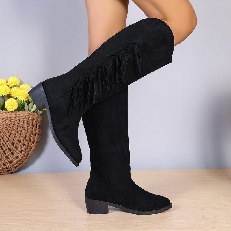 Long Chunky Heel Suede Retro Tassel Boots - Image 4