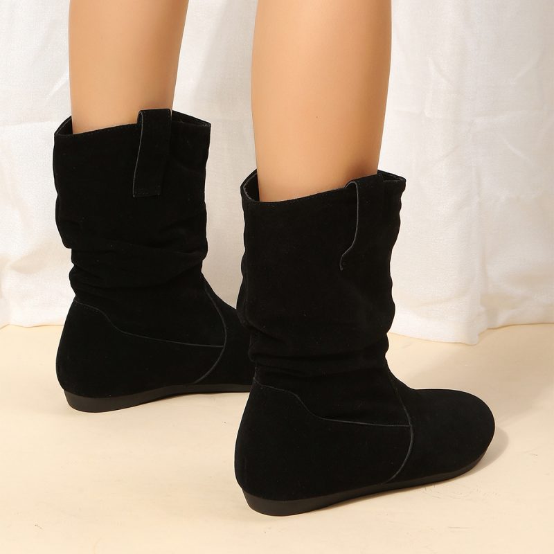 Solid Color Suede Round Toe Flat Boot - Image 2