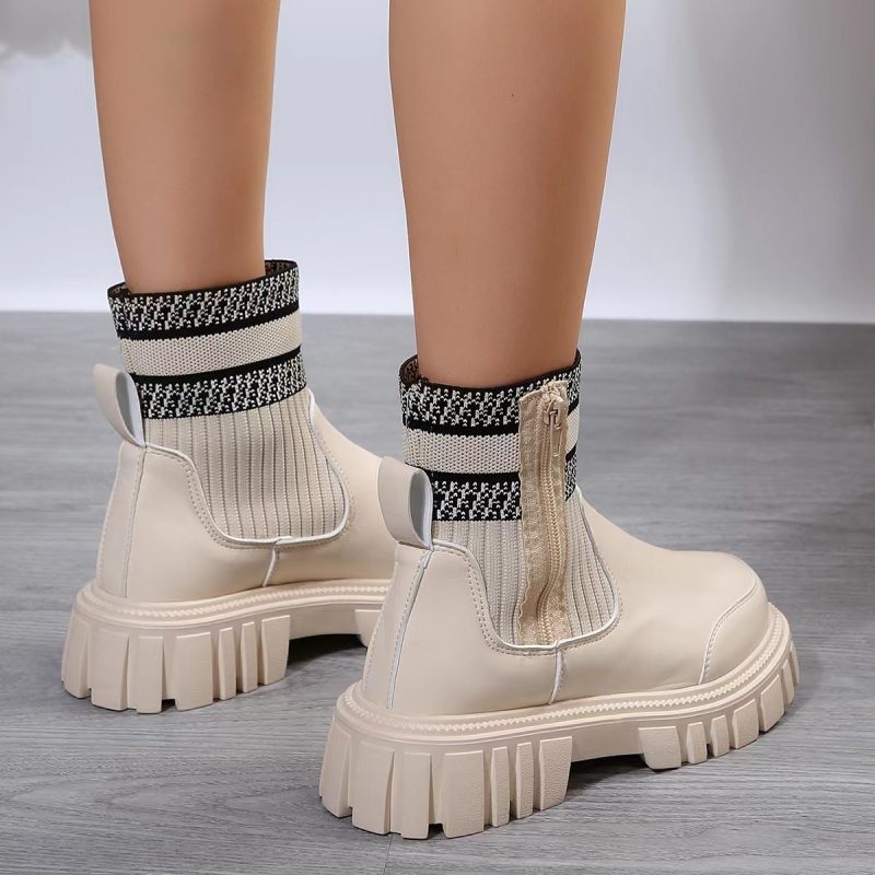 Non-slip Thick Patchwork Sole Boots With Zipper - Image 3