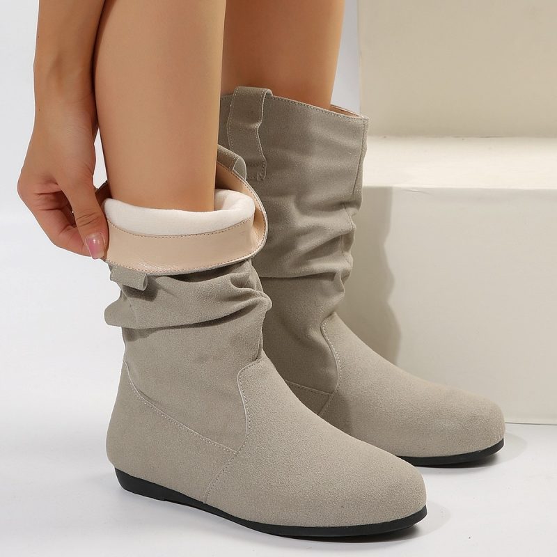 Solid Color Suede Round Toe Flat Boot - Image 4