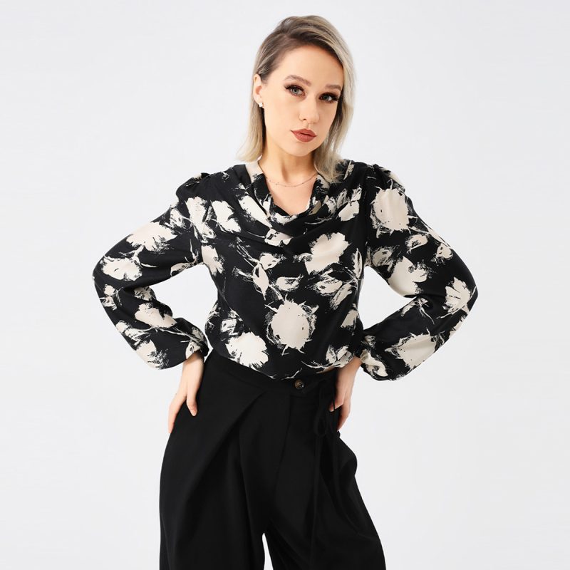 Elegant Front Drop Collar Print Blouse - Image 3