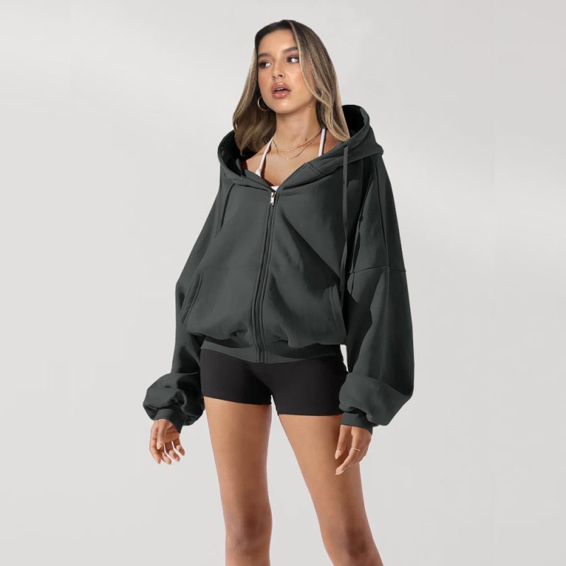 Loose Hooded Zipper Sports Sweatshirt - Image 2
