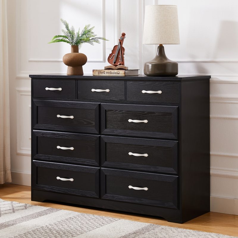 9 Drawer Long Wood Dresser With Antique Handles
