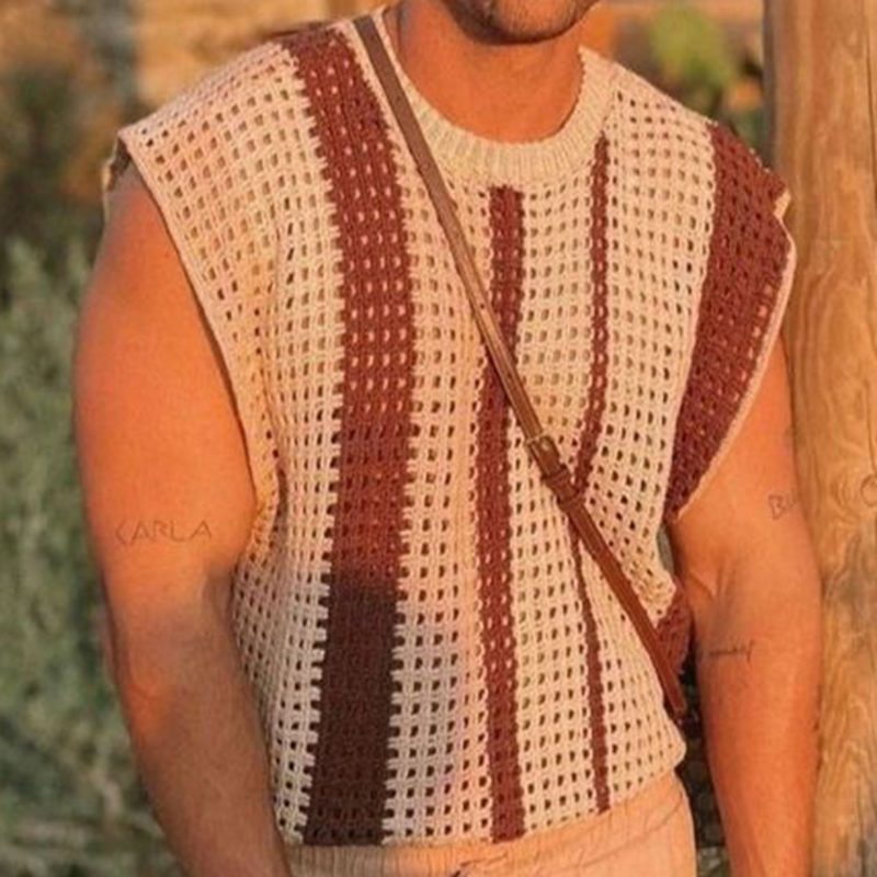 Men Striped Hollow Knitted T-shirt