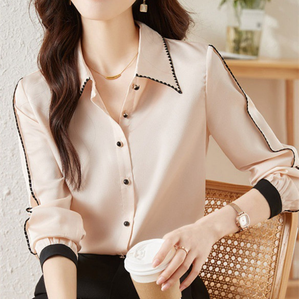 Women Satin Lapel Shirt Top