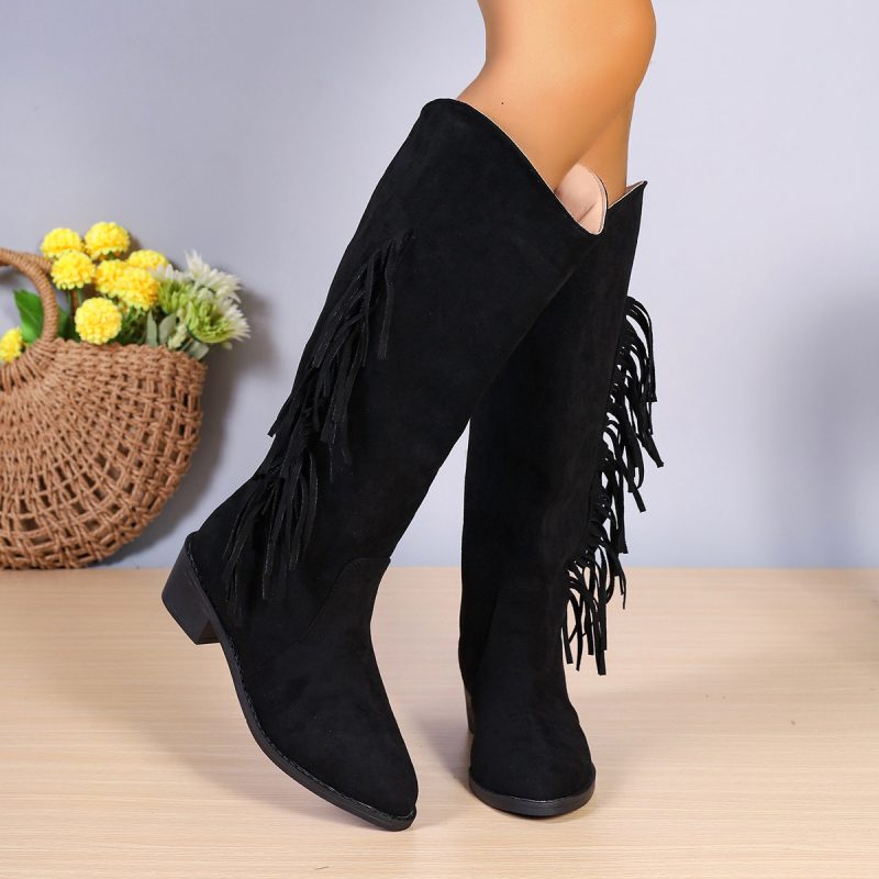 Long Chunky Heel Suede Retro Tassel Boots - Image 2