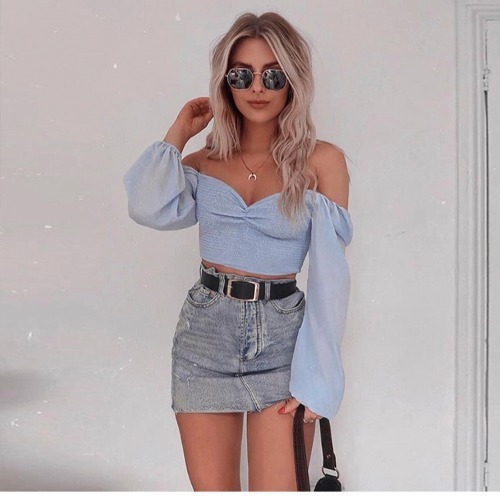 Blue Seersucker V-Neck Sexy Light T-Shirt