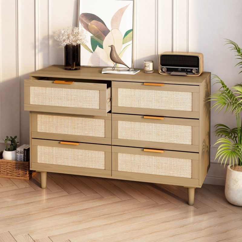 Rattan Wood 6 Drawers Bedroom Dresser