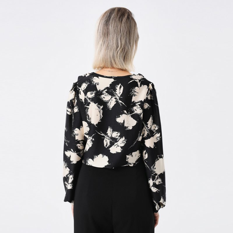 Elegant Front Drop Collar Print Blouse - Image 5