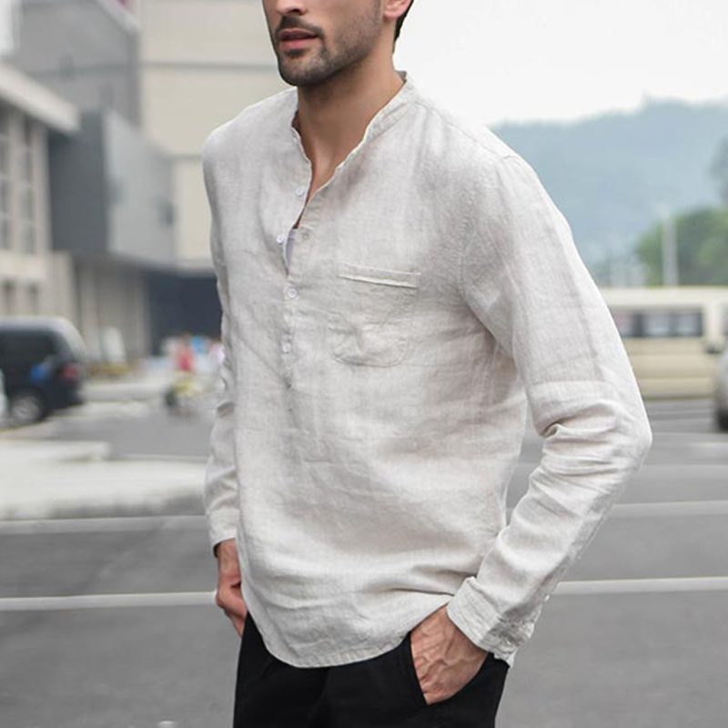 Vintage White Button Linen Men Shirt - Image 5