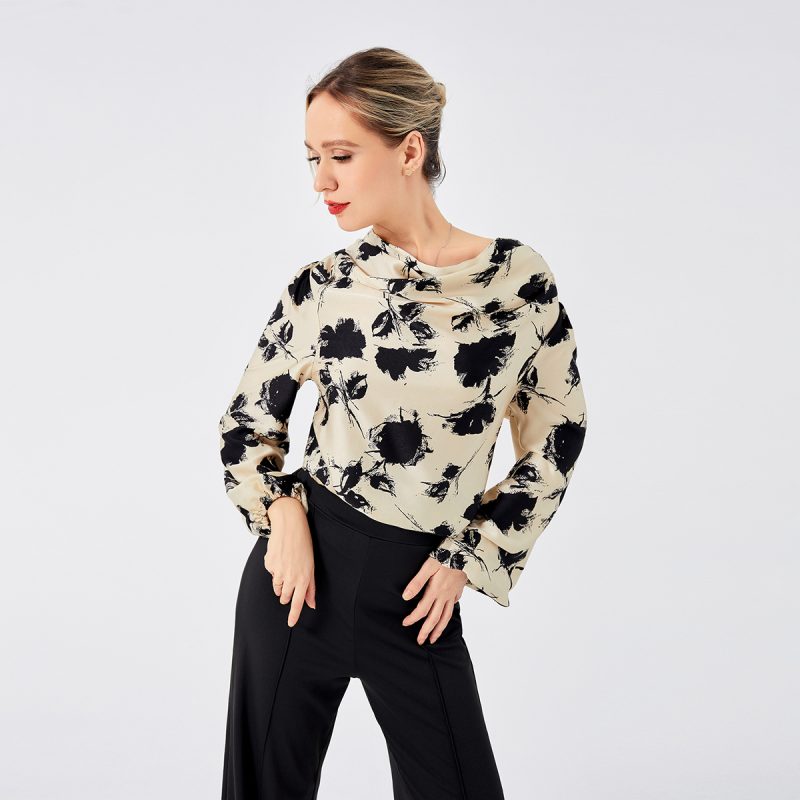 Elegant Front Drop Collar Print Blouse - Image 9