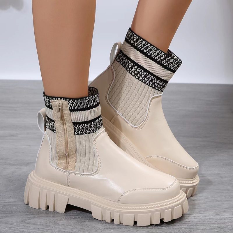 Non-slip Thick Patchwork Sole Boots With Zipper